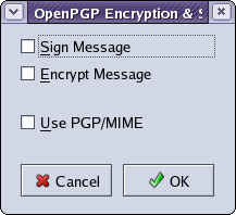 Прозорец за избор на Enigmail опции към текущото писмо
