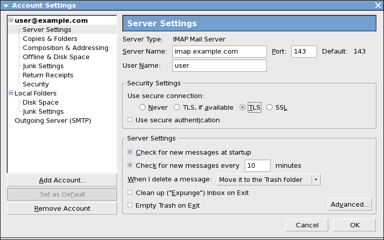 Настройки за достъп до IMAP сървъра с използване на TLSv1
