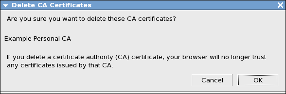 Диалогово меню за потвърждаване на изтриването на удостоверителския сертификат