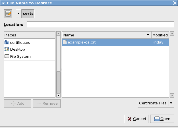 Избор на файл съдържащ удостоверителския сертификат