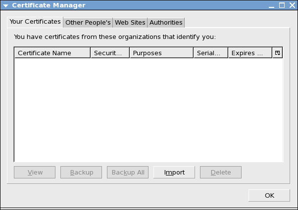 Прозорец със списък на потребителски X.509 сертификати, чиито частни ключове също са инсталирани в сертификатното хранилище