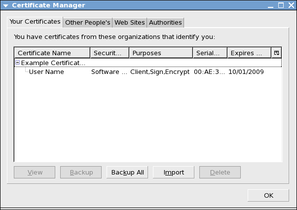 Изглед на добавения потребителски X.509 сертификат в списъка със сертификати