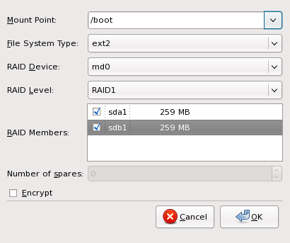 Anaconda: Създаване на дял и файлова система /boot в RAID1 масив