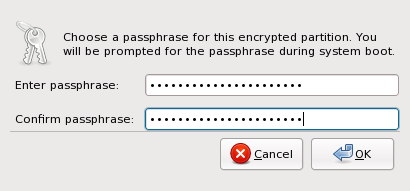 Anaconda: Прозорец за въвеждане на паролата за криптиране на LUKS дяла (с двукратно въведена парола)